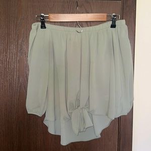 Off-the-shoulder, light olive green shirt